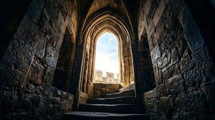 Naklejka premium Arched stone doorway in a medieval castle leading to bright outdoor sky and ancient battlements.