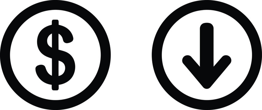 Black and white dollar sign and down arrow circle icons set