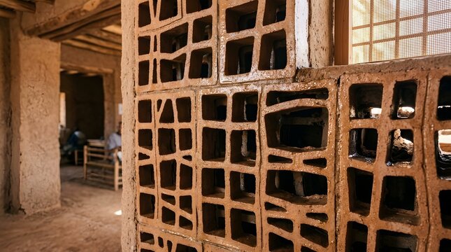 Traditional mud brick wall with square holes in rural building interior  old architecture
