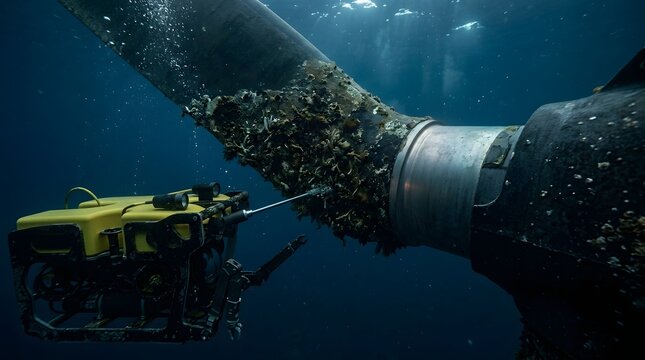 Underwater remotely operated vehicle inspecting large pipe covered in seaweed and debris underwater