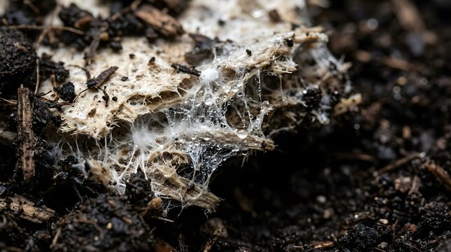 Closeup of white fungal mycelium growing on decaying organic matter in soil ecosystem