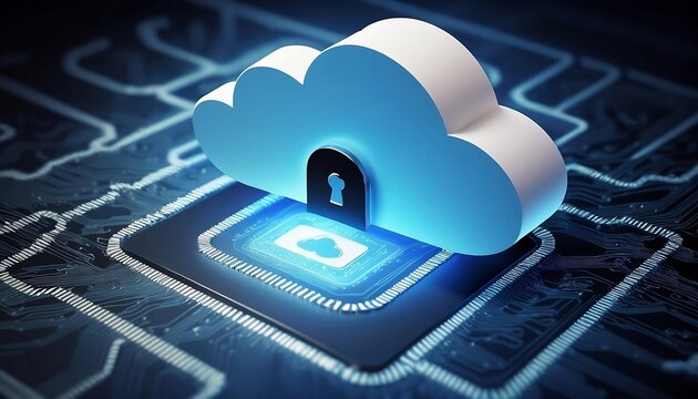 An illustration of secure cloud computing concept, featuring a cloud symbol over a stylized chip, representing the safety and encryption in cloud storage services created with generative ai