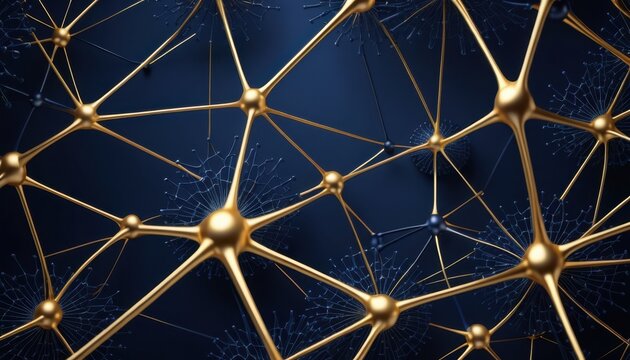 Gold neural network nodes connected over dark blue surface