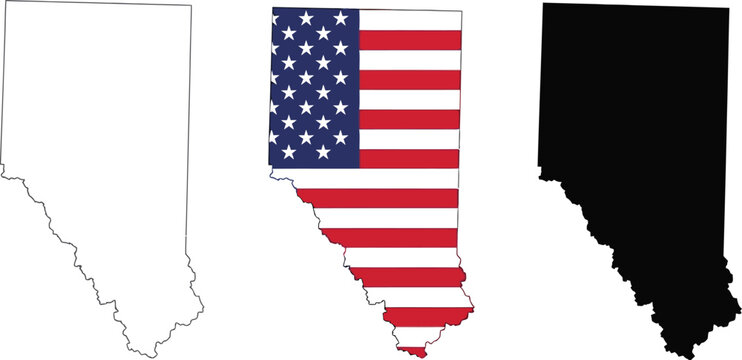 Set of dubois county indiana map shapes with outline and american flag pattern