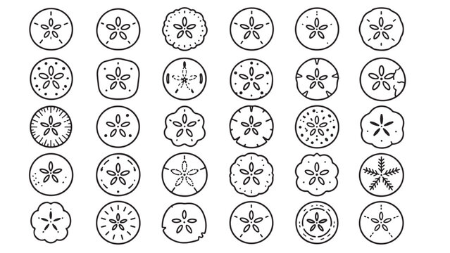Sand dollars line icon set. Sea biscuit, ocean shell, marine fossil, beach coin and coastal creature outline vector illustrations. Symbols on white background.