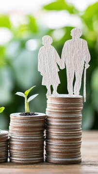 Paper cutout senior couple standing on stacks of coins with a sprout, symbol of retirement savings and long-term financial planning