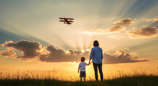 Mother and young son looking at a small airplane flying over a grassy field at sunset with airplane