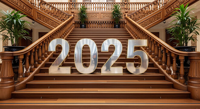 2025 number celebration on golden stairs with plants and lights at event