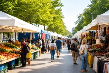 Obraz premium People shopping at vibrant outdoor street market stalls
