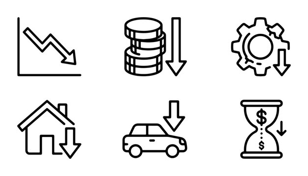 Financial Downturn Icons: Market Crash, Falling Prices, Economic Decline, Cost Reduction, Budget Cuts