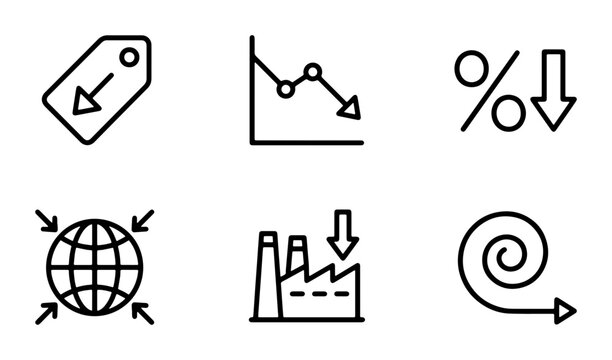 Business Icons: Price Tag, Downward Graph, Percentage Decrease, Global Impact, Factory Reduction, Spiral Arrow Vector Set