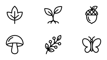 Nature Icons Set: Leaf, Sprout, Acorn, Mushroom, Berry Branch, Butterfly, Outline Graphics, Organic Elements, Spring & Autumn Symbols © Farhanaz