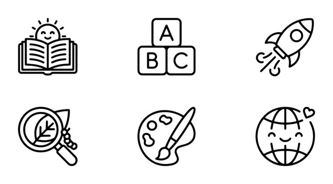 Education Icons Set: Open Book, ABC Blocks, Rocket, Magnifying Glass, Palette, Globe. Learning, Science, Art, Childhood.