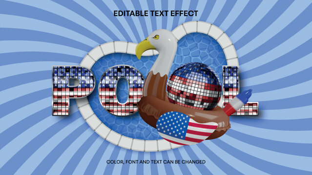 4th of july disco party text effect with mirror ball in a eagle swimming ring and swimming pool. american independence ediable text with disco ball with usa flag colors
