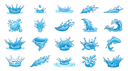 Naklejka premium Collection of blue water splash icons featuring various dynamic liquid shapes on a white background