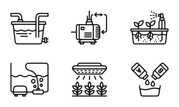Hydroponic System Icons, Vertical Farming Equipment, Aeroponic Setup, Water Culture Technology, Plant Growth Setup, Agriculture Technology