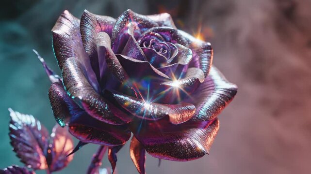 Iridescent metallic rose gleaming and sparkling on smoky background for fantasy and luxury content