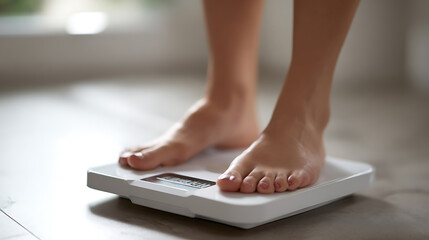 Fototapeta premium Woman's bare feet stand on a white bathroom scale, close up. Focus on health, wellness, and body weight. Modern, clean setting