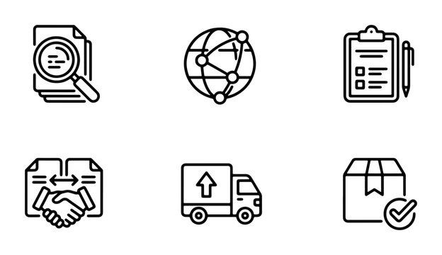 Business Icons Set: Search, Network, Checklist, Deal, Delivery Truck, Package. Vector Graphics for Commerce and Logistics