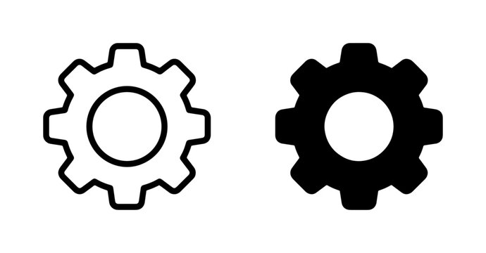 Two Gear Icons: Outline and Solid Black, Mechanical Engineering Symbols, Industrial Machine Parts, Cogwheel Vector Graphics