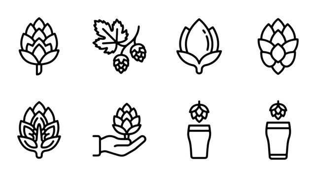 Hop Icons Collection, Craft Beer Ingredient Vector Graphics, Brewery Element Set, Botanical Ingredient Illustrations
