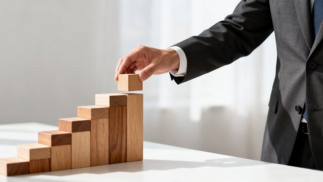 Businessman placing wooden block on step structure