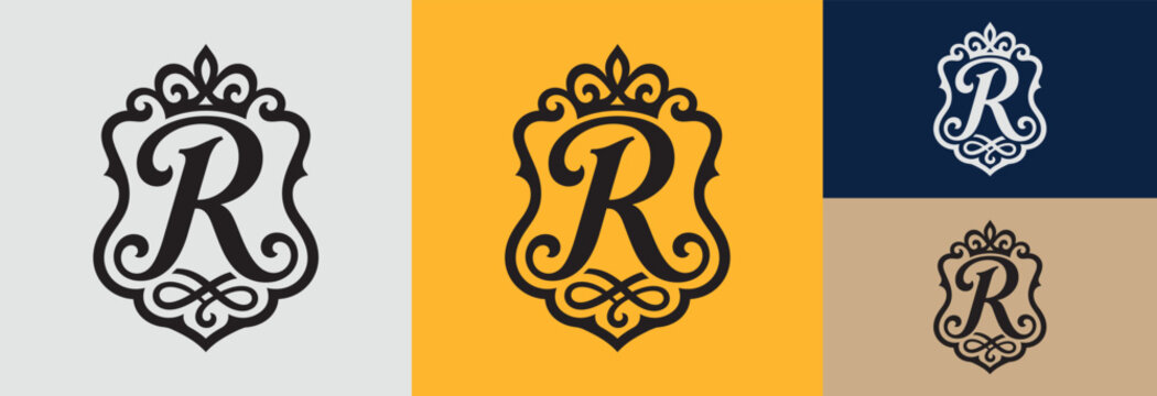 Ornate letter R emblem in shield, vintage style, on grey, yellow, blue, and tan backgrounds.