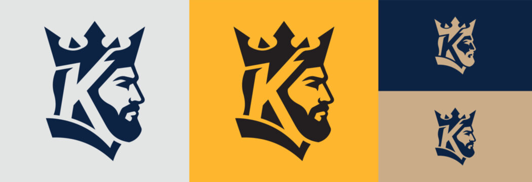 King profile logo design, wearing crown, face with beard.