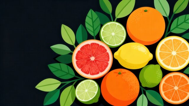 Citrus fruits and leaves on dark background