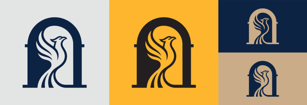 Phoenix bird in archway symbol vector set rebirth concept.