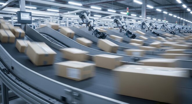 Automated conveyor belt system sorting packages in a high-tech logistics center, illustrating modern efficiency and innovation in supply chain operations.