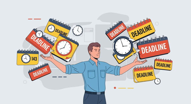Man with multiple deadline clocks.