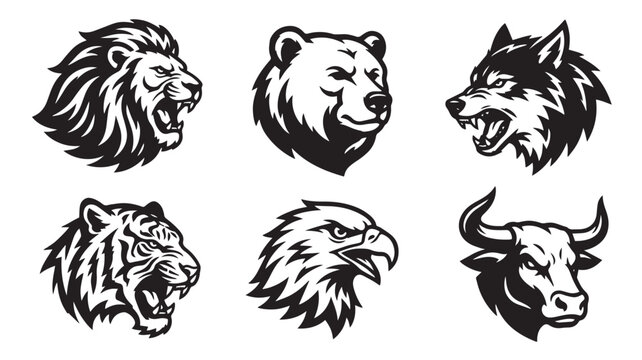 Powerful Wild Animal Head Emblems Collection Featuring Lion, Bear, Wolf, Tiger, Eagle, and Bull in a Bold Monochrome Vector Illustration Style, Ideal for Mascots and Logos