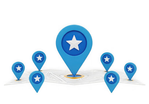 Blue map location pins with white star icons on a flat digital world map isolated on transparent background