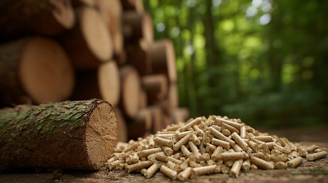 Close-up of renewable wood energy: a pile of wooden pellets and a cut log rest on a tree trunk, with stacked timber and green forest in the soft background