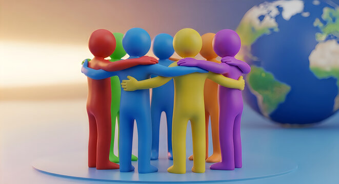 Diverse people standing in circle with arms around, global unity