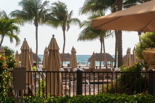 Closed Beach Umbrellas and Lounge Chairs at Tropical Resort Pool Area