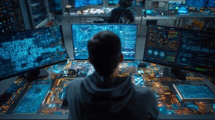 Obraz premium electronic design automation engineer creating next-generation chip layouts, futuristic digital interface