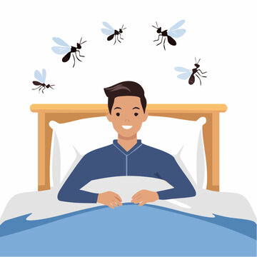 Man in Bed Surrounded by Mosquitoes