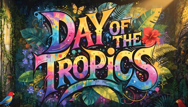 International Day Of The Tropics colorful banner with palm leaves