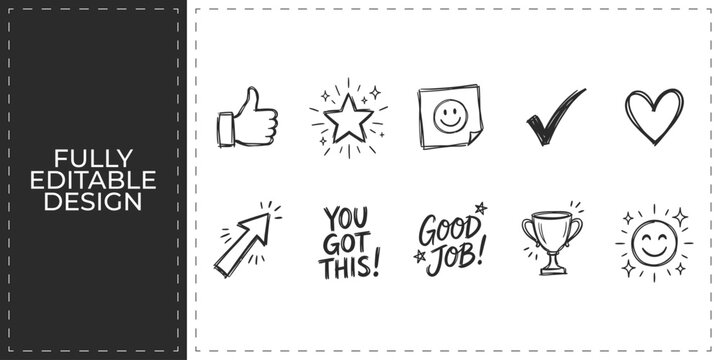 Motivational and success icons featuring star thumb up and trophy symbols for employee recognition and school academic achievement programs design concept