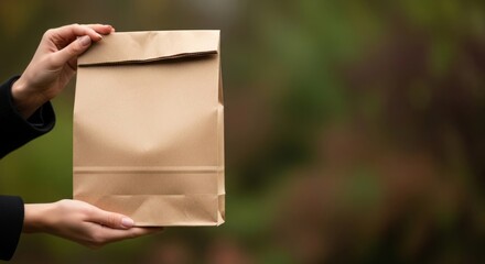 Fototapeta premium Hands holding a brown paper bag against a blurred green and brown natural background, representing delivery and eco-friendly packaging.
