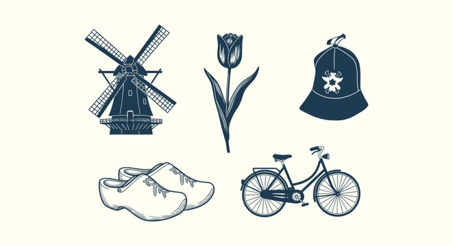Vintage Dutch Symbols Set with Windmill Tulip Traditional Hat Wooden Clogs and Bicycle Illustration