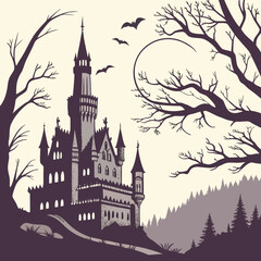 Spooky gothic castle at night under full moon with silhouette of leafless trees and flying bats in eerie forest © Akhi