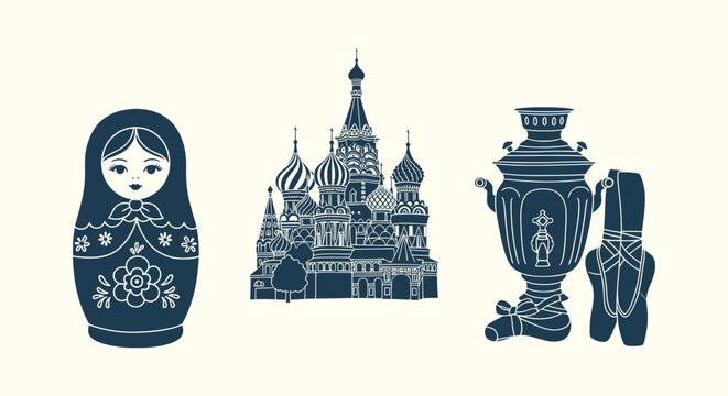 Russian Cultural Symbols Collection with Matryoshka Nesting Doll Cathedral Samovar and Ballet Shoes
