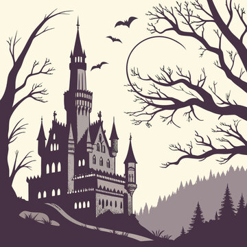 Spooky gothic castle at night under full moon with silhouette of leafless trees and flying bats in eerie forest