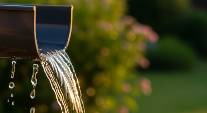 Water flowing from a modern drainpipe at golden hour, with soft bokeh background and copy space