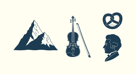 Austrian Cultural Symbols Set with Alps Mountain Violin Pretzel and Mozart Silhouette Vector © Tajul