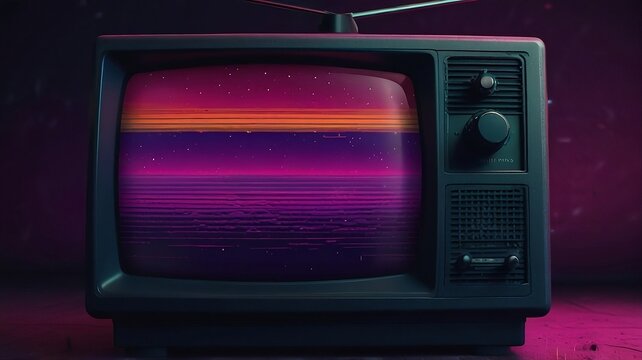 80s Retro wave style background displayed on vintage tv screen. VHS noise and glitch effects. Bright purple colors. Old display, created with generative ai