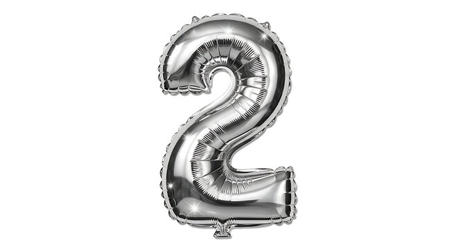 Silver shiny number two helium balloon for celebrations and parties transparent background